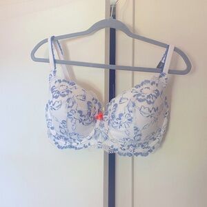 Gorgeous blue and white lace bra with tiny pink bow underwear